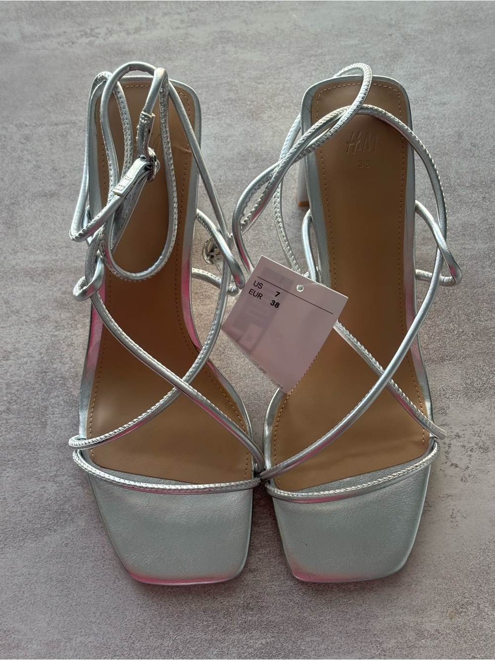 H&M Metallic Silver Strappy Block Heel Sandals